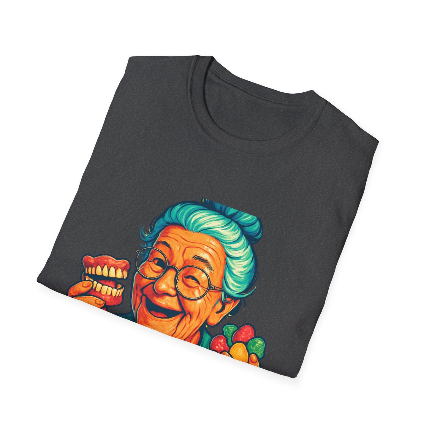 Dark Humor Adult T-Shirt — Grandma Asking "Want a Gummy?"