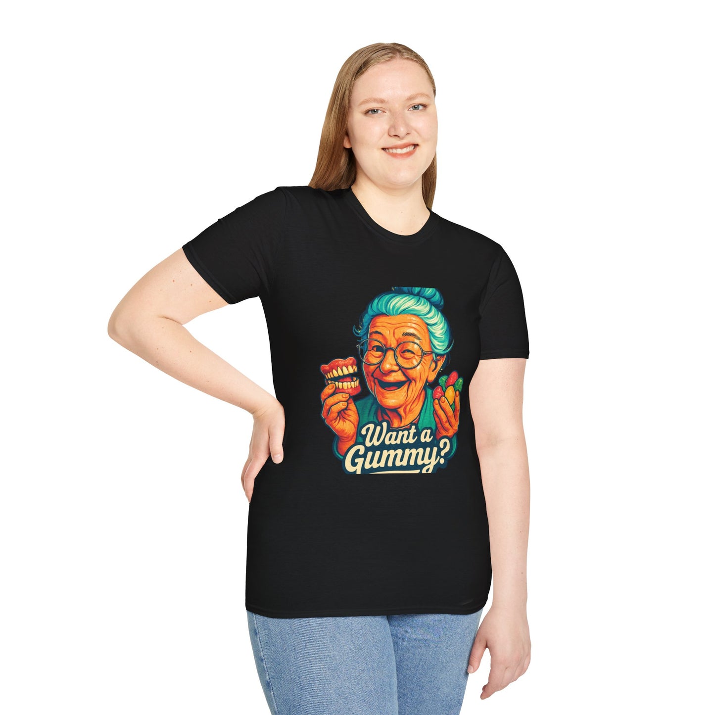 Dark Humor Adult T-Shirt — Grandma Asking "Want a Gummy?"