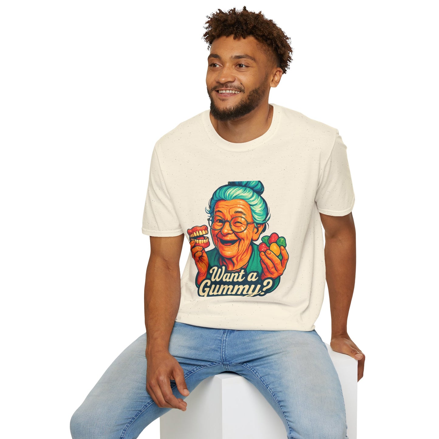 Dark Humor Adult T-Shirt — Grandma Asking "Want a Gummy?"