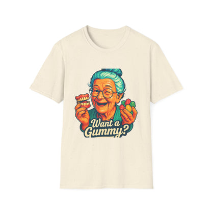 Dark Humor Adult T-Shirt — Grandma Asking "Want a Gummy?"