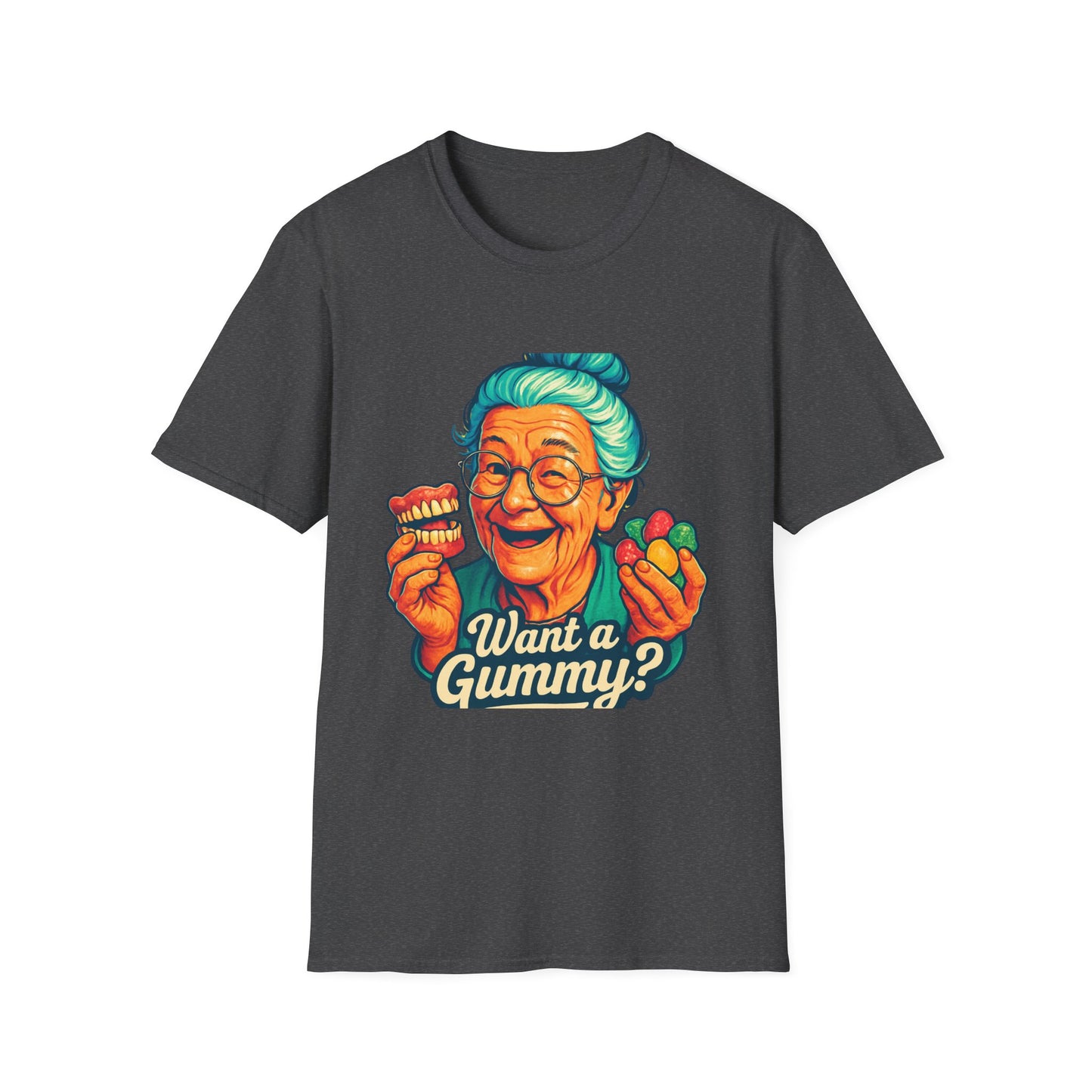 Dark Humor Adult T-Shirt — Grandma Asking "Want a Gummy?"