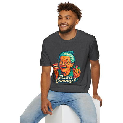 Dark Humor Adult T-Shirt — Grandma Asking "Want a Gummy?"