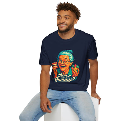 Dark Humor Adult T-Shirt — Grandma Asking "Want a Gummy?"