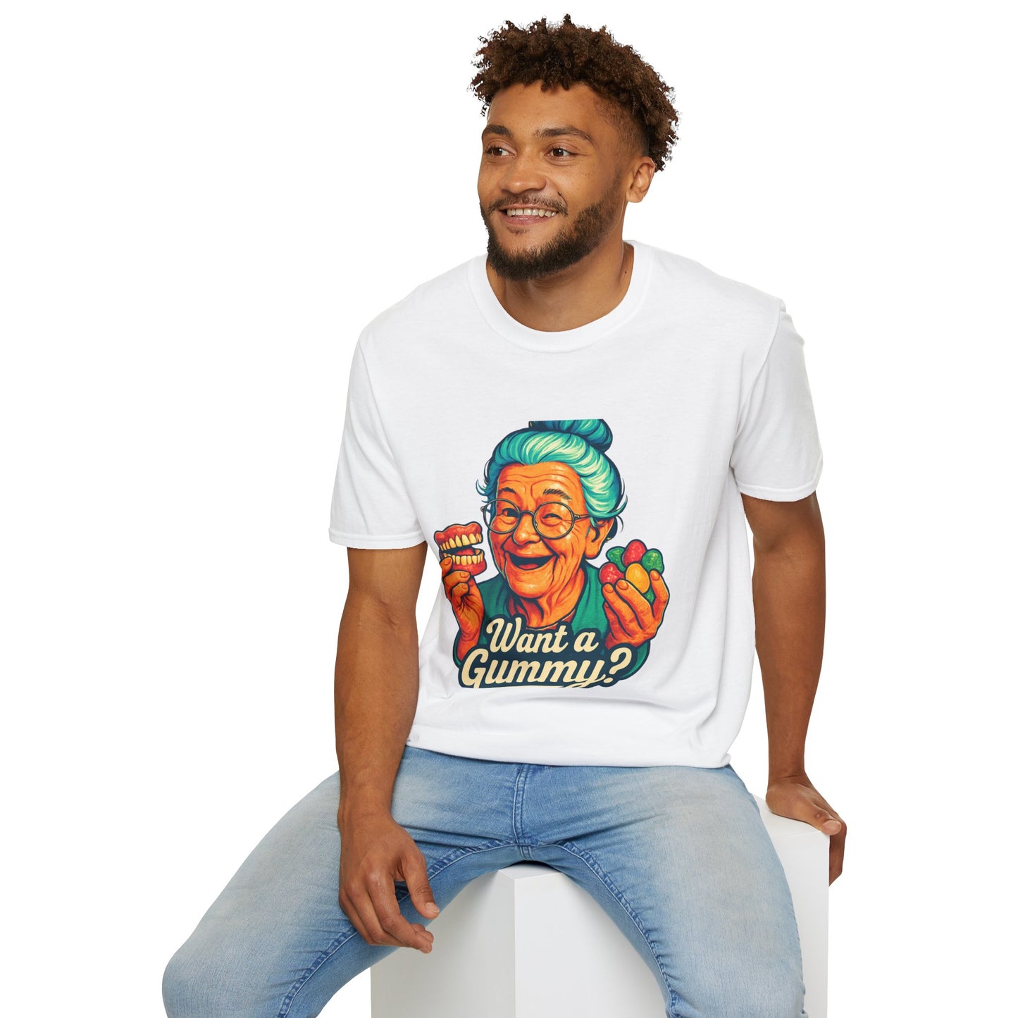 Dark Humor Adult T-Shirt — Grandma Asking "Want a Gummy?"