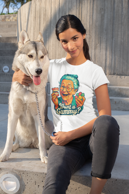 Dark Humor Adult T-Shirt — Grandma Asking "Want a Gummy?"