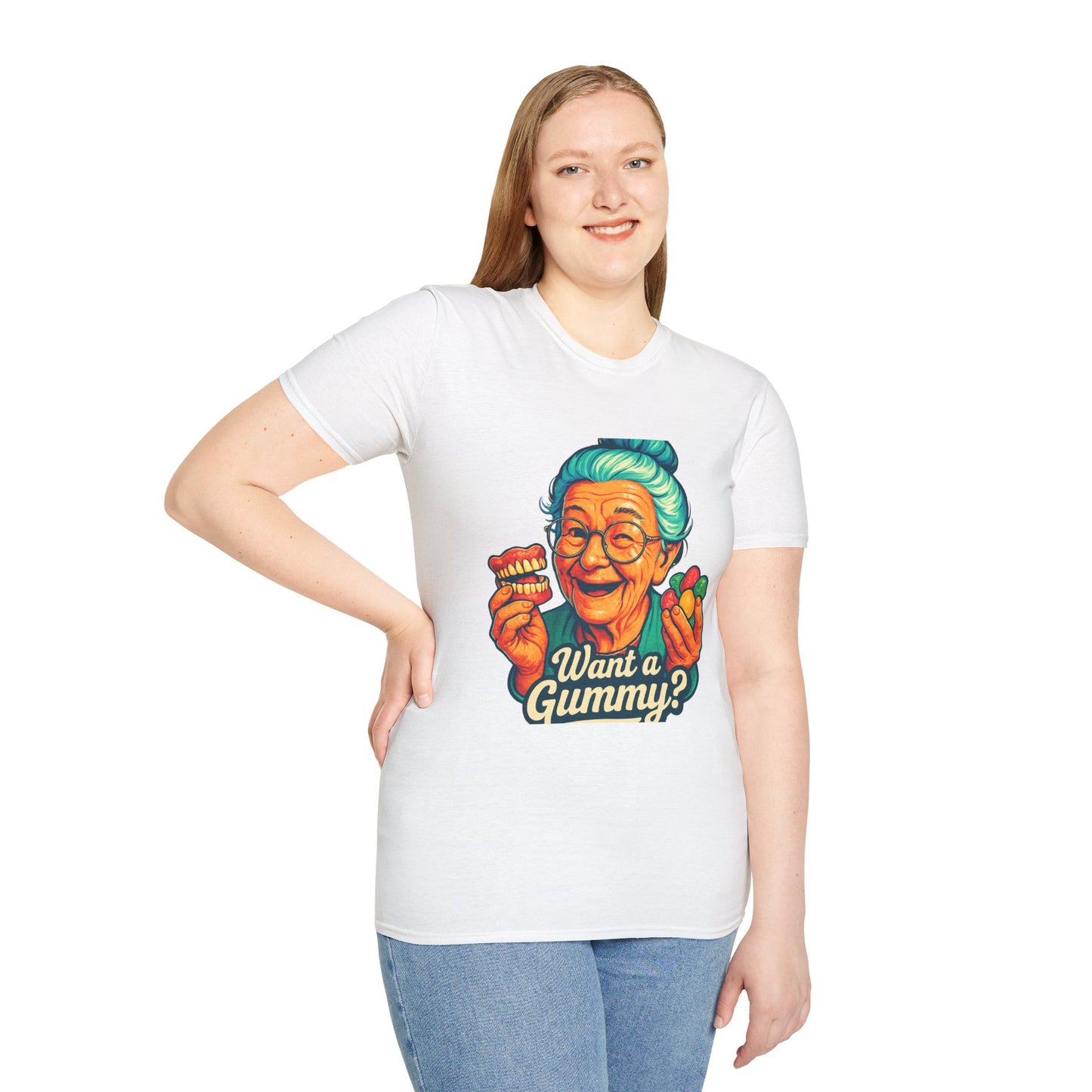 Dark Humor Adult T-Shirt — Grandma Asking "Want a Gummy?"