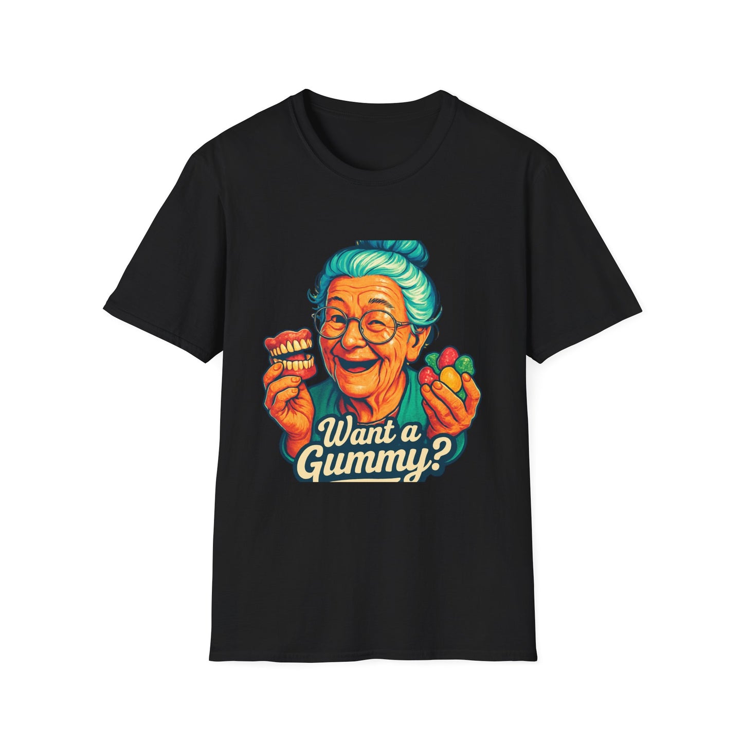 Dark Humor Adult T-Shirt — Grandma Asking "Want a Gummy?"