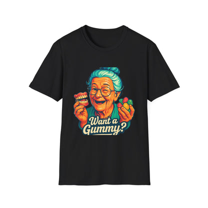 Dark Humor Adult T-Shirt — Grandma Asking "Want a Gummy?"