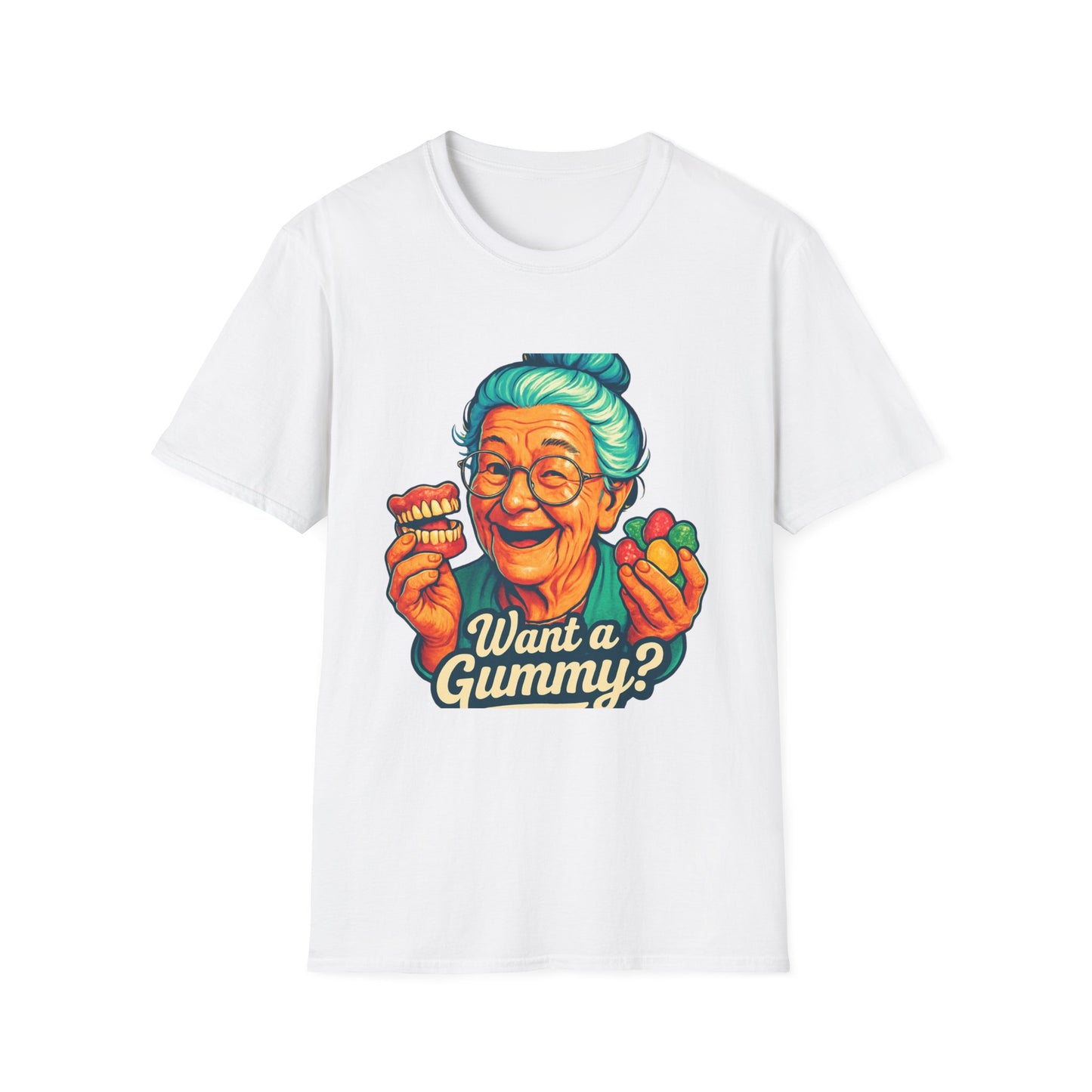 Dark Humor Adult T-Shirt — Grandma Asking "Want a Gummy?"