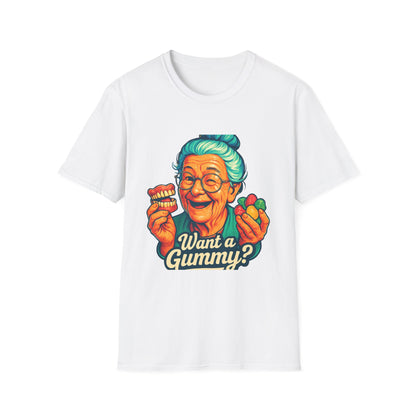 Dark Humor Adult T-Shirt — Grandma Asking "Want a Gummy?"