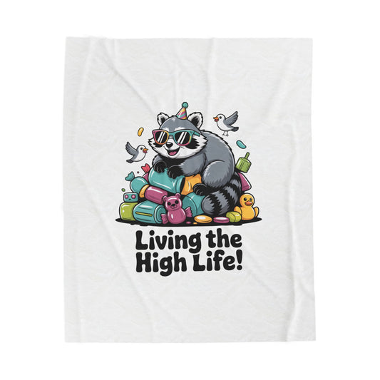 Trash Panda 'Living the High Life' Velveteen Blanket | Trash Animal Joy, cute raccoon holiday