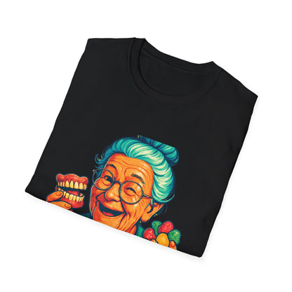 Dark Humor Adult T-Shirt — Grandma Asking "Want a Gummy?"