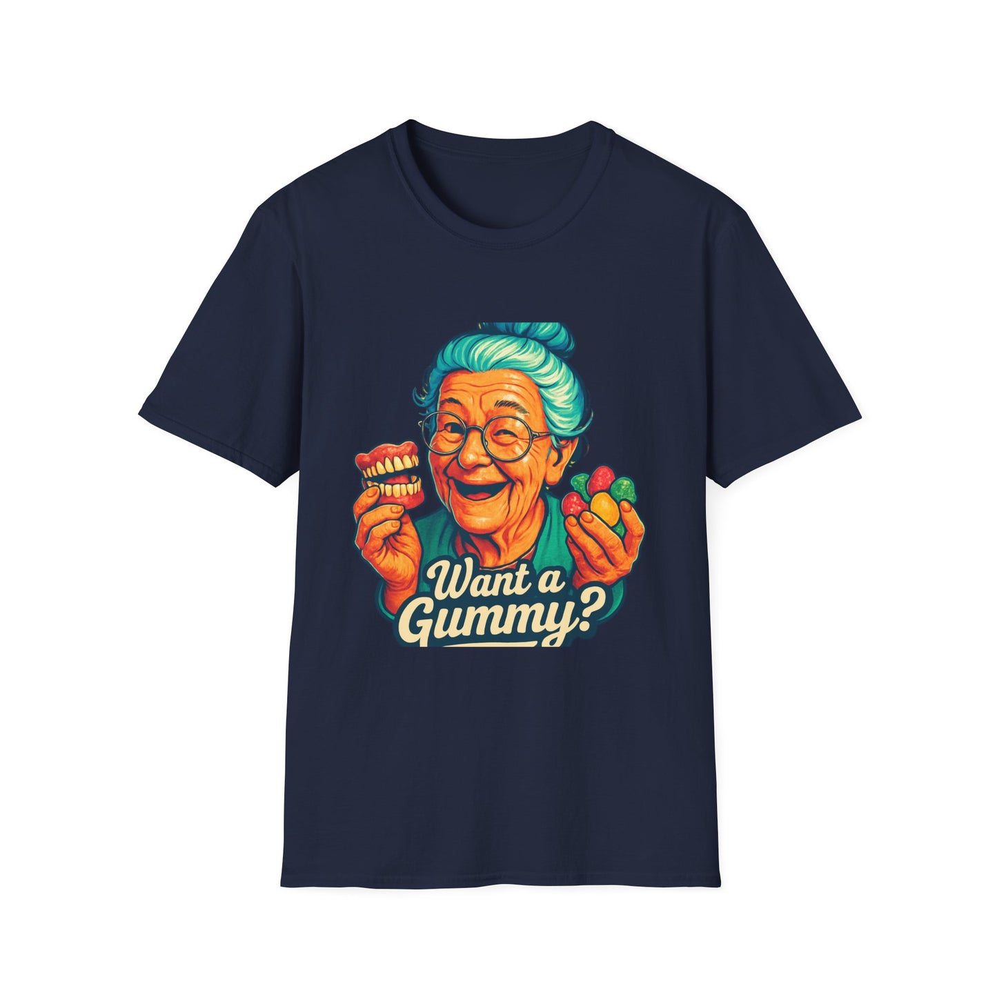 Dark Humor Adult T-Shirt — Grandma Asking "Want a Gummy?"