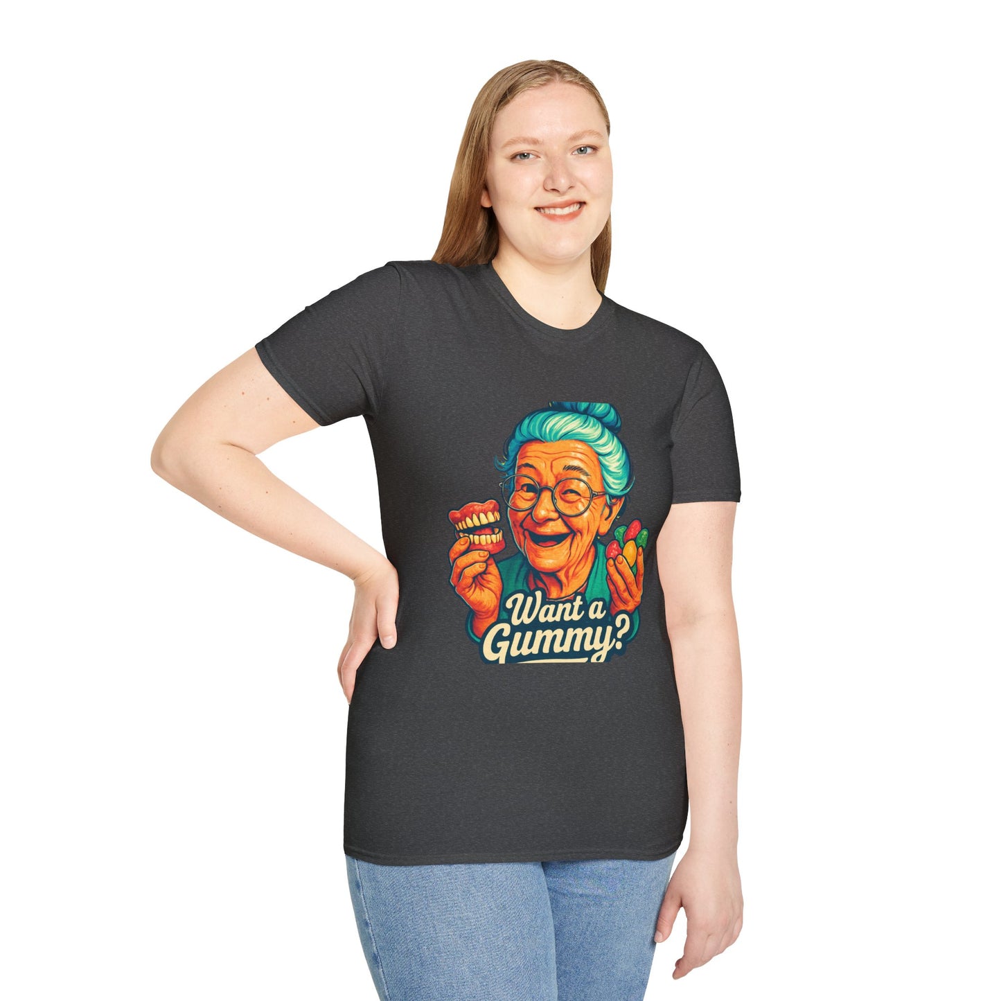 Dark Humor Adult T-Shirt — Grandma Asking "Want a Gummy?"